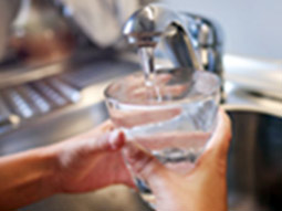 Ein Wasserglas wird unter dem Wasserhahn gefüllt. Ein Wasserglas wird unter dem Wasserhahn gefüllt.